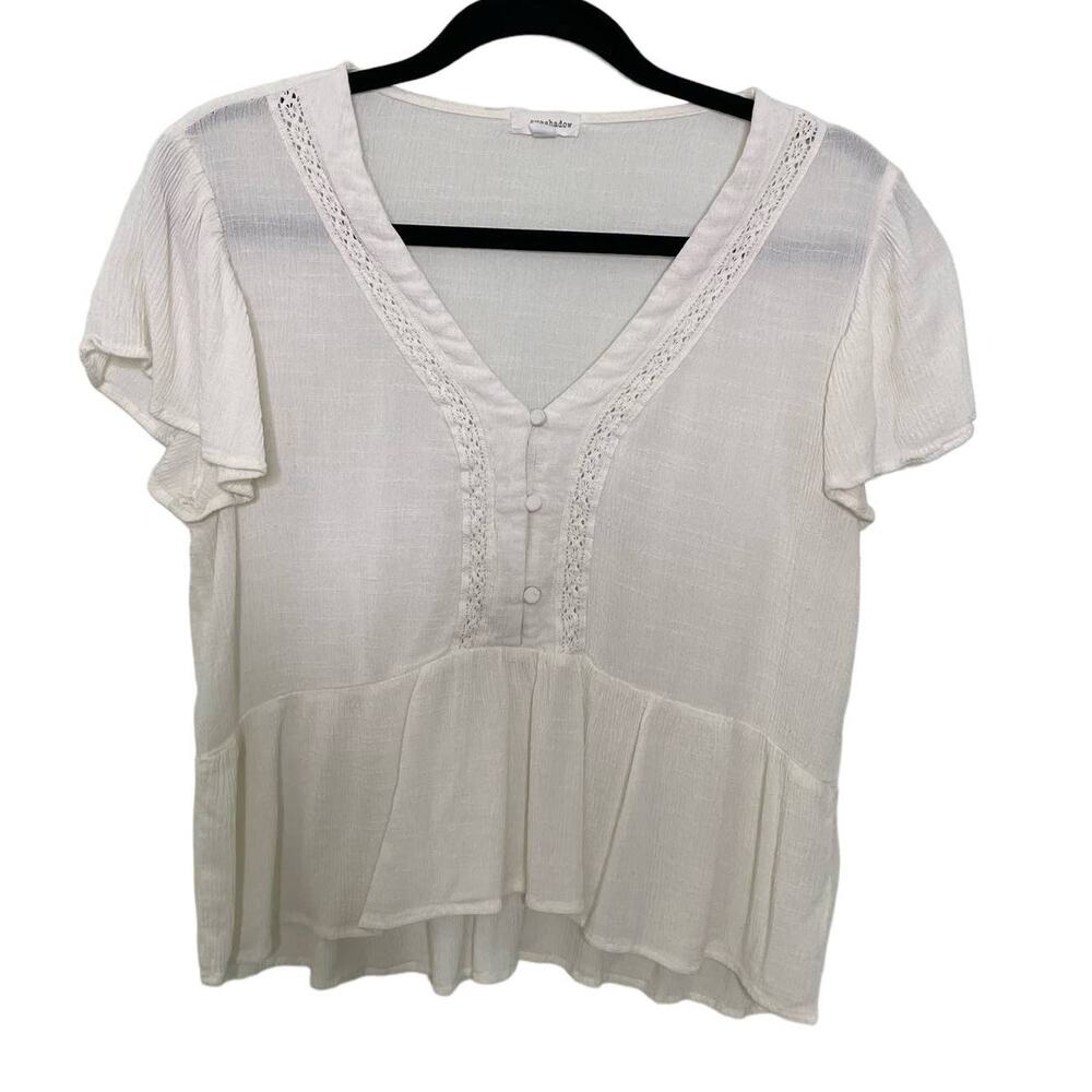 Eyeshadow Boho Cropped Blouse Flutter Sleeve Peplum Crochet Button Front White L